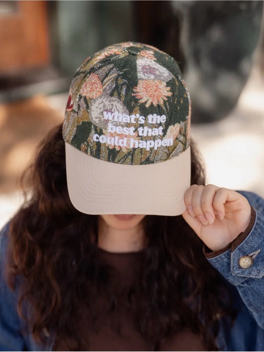 Floral Embroidered Canvas Baseball Cap - Beige Brim